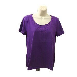 Laura Scott Womens T-Shirt Sz Medium Purple Round Neck Embroidered 100%Cotton SS